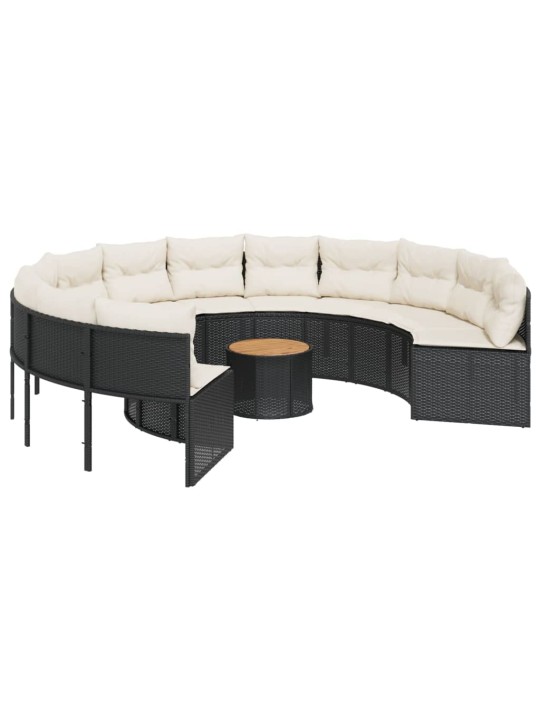 Sodo sofa su stalu/pagalvėlėmis, juoda, poliratanas, apvali