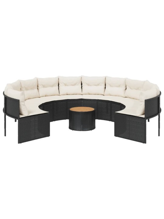 Sodo sofa su stalu/pagalvėlėmis, juoda, poliratanas, apvali