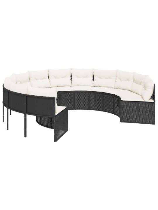 Sodo sofa su stalu/pagalvėlėmis, juoda, poliratanas, apvali