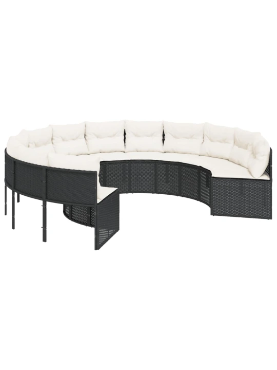 Sodo sofa su stalu/pagalvėlėmis, juoda, poliratanas, apvali