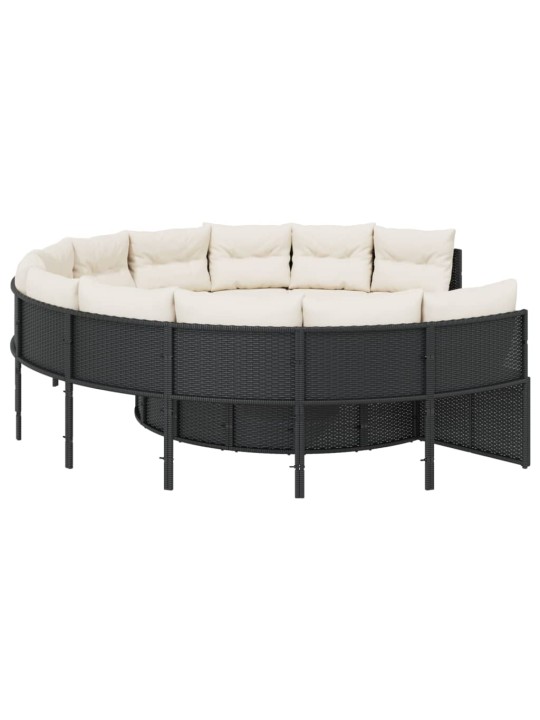 Sodo sofa su stalu/pagalvėlėmis, juoda, poliratanas, apvali