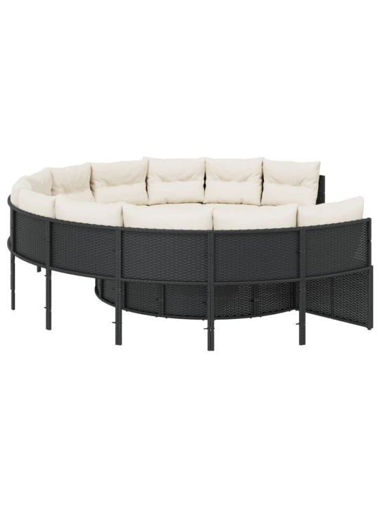 Sodo sofa su stalu/pagalvėlėmis, juoda, poliratanas, apvali