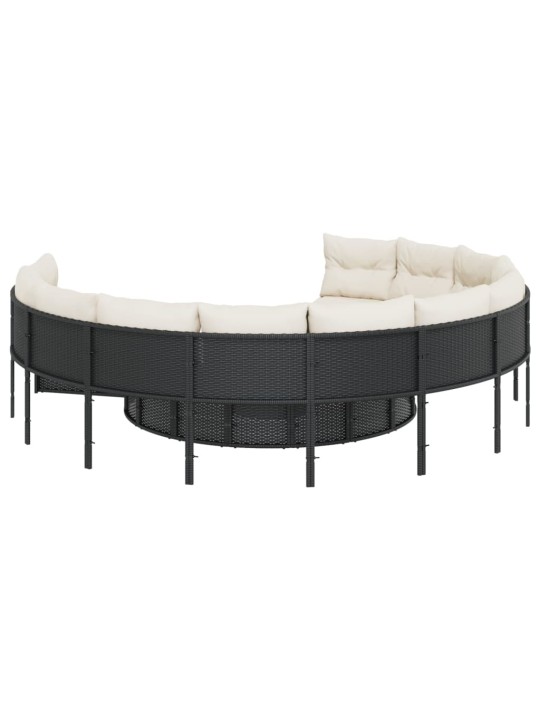 Sodo sofa su stalu/pagalvėlėmis, juoda, poliratanas, apvali