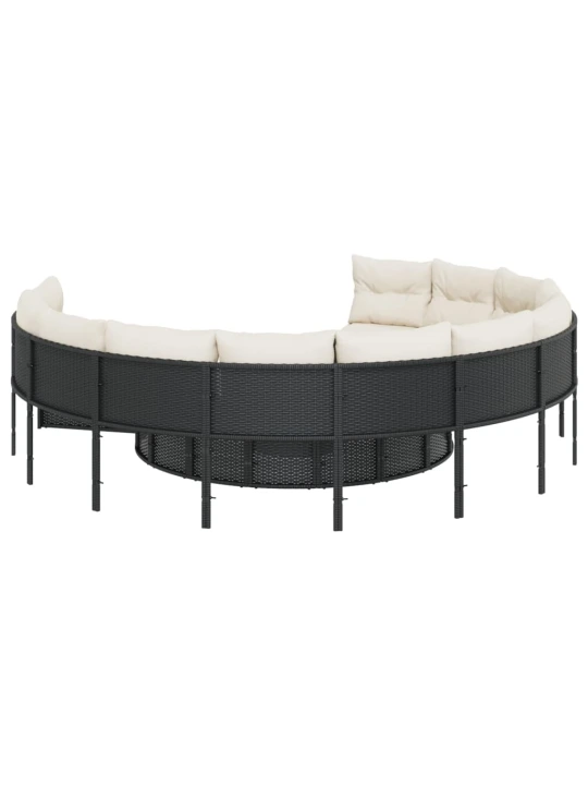 Sodo sofa su stalu/pagalvėlėmis, juoda, poliratanas, apvali